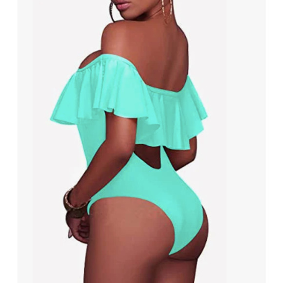NEW Tempt Me Bathing Suit One Piece Turquoise Blue Ruffle Front Women's Size S - Picture 2 of 10